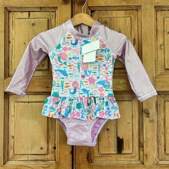 NWT FlapHappy 18M UPF 50+ Rashguard Swimsuit‎ Mermaid Fish Glitter Pink Baby - Picture 1 of 10